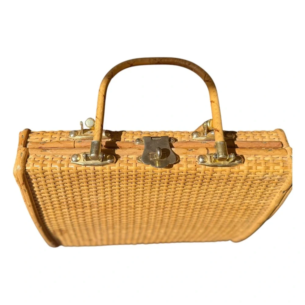 Vintage Wicker Top Handle Bag Woven Rattan Satchel Purse Honey Brown Cottagecore